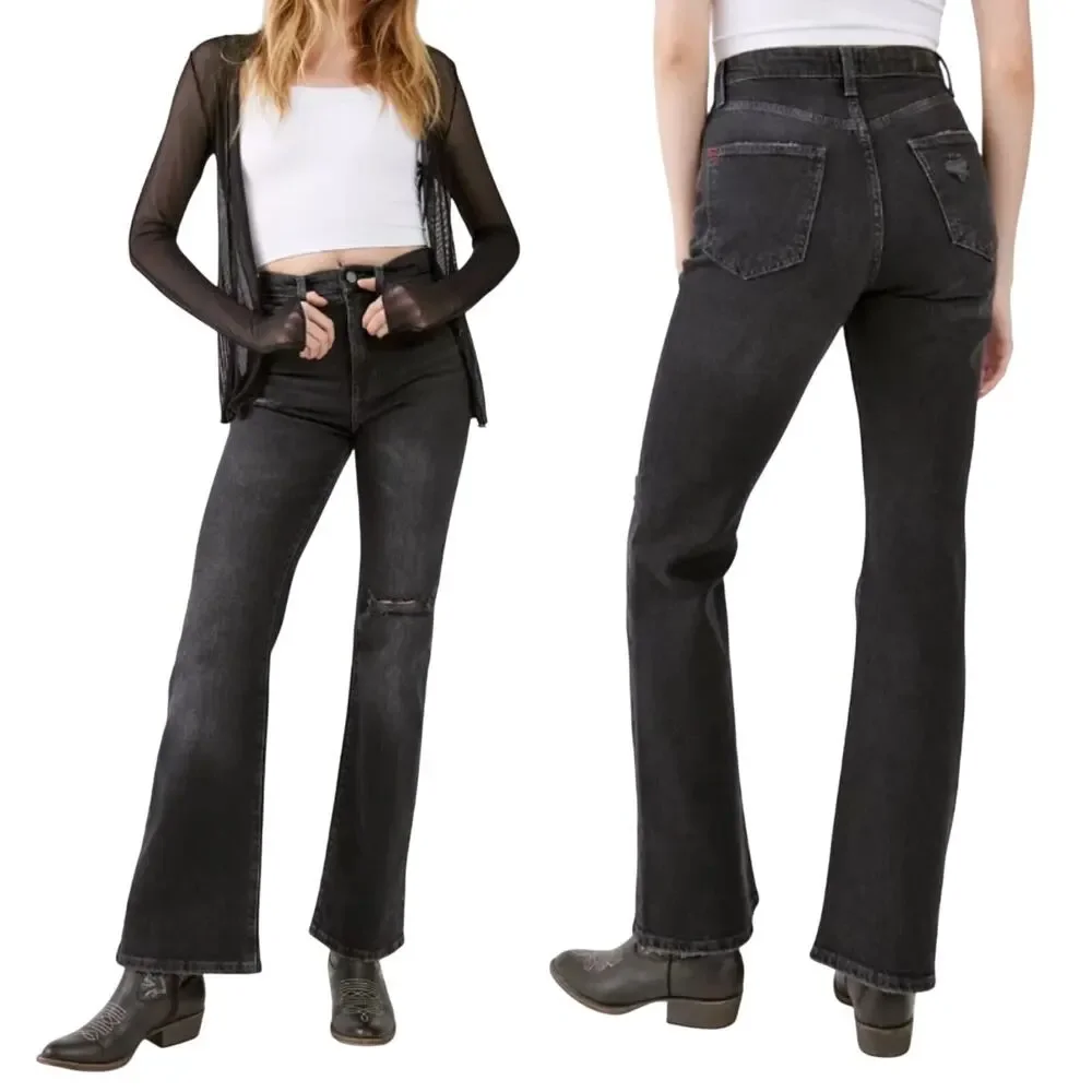 Urban Outfitters BDG Jeans Stretch High Rise Flare Leg Distressed Denim Black 26
